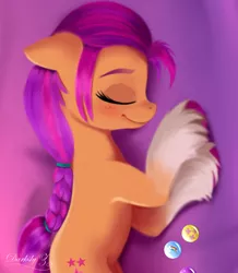 Size: 1635x1873 | Tagged: safe, artist:darksly, derpibooru import, sunny starscout, earth pony, pony, my little pony: a new generation, spoiler:my little pony: a new generation, badge, blushing, cute, dakimakura cover, eyes closed, female, g5, image, jpeg, mare, markings, sleeping, solo, sunnybetes, unshorn fetlocks
