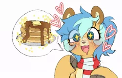 Size: 976x625 | Tagged: safe, artist:chimemaplewood, derpibooru import, oc, oc:chime, unofficial characters only, deer, deer pony, original species, blushing, butter, clothes, drool, food, heart, image, jpeg, looking at you, pancakes, scarf, solo, syrup