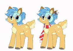 Size: 1015x708 | Tagged: safe, artist:chimemaplewood, derpibooru import, oc, oc:chime, unofficial characters only, deer, deer pony, original species, chest fluff, clothes, feather in hair, image, jpeg, looking at you, scarf, smiling, solo