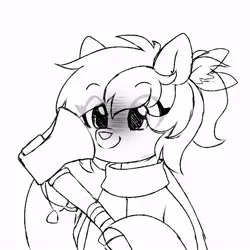 Size: 650x650 | Tagged: safe, artist:chimemaplewood, derpibooru import, oc, oc:chime, unofficial characters only, deer, deer pony, original species, axe, clothes, feather in hair, image, jpeg, scarf, sketch, smiling, solo, weapon