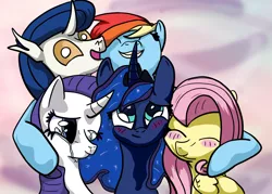 Size: 2100x1500 | Tagged: safe, artist:hemlock conium, derpibooru import, fluttershy, princess luna, rainbow dash, rarity, oc, oc:punbug, alicorn, changeling, pegasus, pony, unicorn, colored, digital art, female, group, image, jpeg, male, mare, stallion