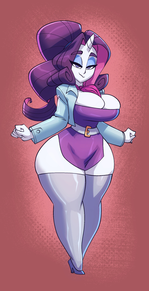 Size: 719x1395 | Tagged: suggestive, artist:bigdad, derpibooru import, rarity, human, abstract background, big breasts, breasts, busty rarity, cleavage, clothes, digital art, female, horn, horned humanization, humanized, image, jpeg, pony coloring, socks, solo, solo female, stockings, thigh highs, thighs, thunder thighs, wide hips
