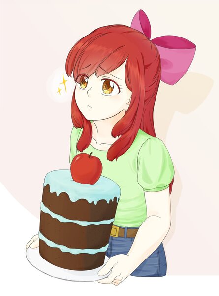 Size: 1000x1348 | Tagged: safe, artist:ruby_redheart_, derpibooru import, apple bloom, human, friendship is magic, apple, cake, food, humanized, image, jpeg, scene interpretation, solo, sparkles