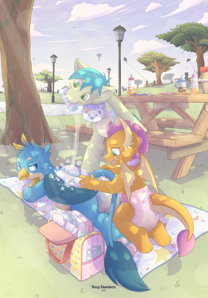 Size: 3500x5000 | Tagged: questionable, artist:dozyslumbers, derpibooru import, gallus, sandbar, smolder, dragon, earth pony, gryphon, adult foal, baby bottle, baby powder, bib, changing mat, cute, diaper, diaper bag, diaper change, diaper fetish, fetish, image, messy diaper, non-baby in diaper, park, picnic table, png, poofy diaper, table, wet diaper