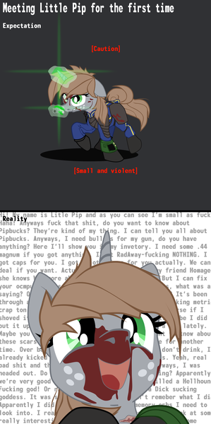 Size: 1100x2210 | Tagged: semi-grimdark, artist:aaronmk, derpibooru import, oc, oc:littlepip, fallout equestria, adoracreepy, armor, blood, clothes, comic, creepy, cute, image, magic glow, pipbuck, png, pointing gun, talking, text, vault suit, vulgar