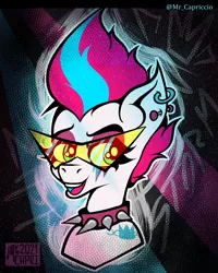Size: 3000x3750 | Tagged: safe, artist:mrcapriccio, derpibooru import, zipp storm, pegasus, pony, abstract background, bust, choker, collar, ear piercing, earring, female, g5, high res, image, jewelry, makeup, mare, open mouth, piercing, png, portrait, punk, smiling, solo, spiked choker, sunglasses, tattoo