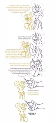 Size: 1873x4119 | Tagged: safe, artist:moonatik, derpibooru import, moondancer, nightmare moon, alicorn, pony, unicorn, alternate clothes, alternate hairstyle, alternate timeline, clipboard, clothes, comic, dialogue, female, glasses, hair bun, image, implied tempest shadow, jewelry, mare, missing accessory, new lunar millennium, nightmare takeover timeline, png, sketch, starry eyes, suit, tail, tail bun, tiara, wingding eyes