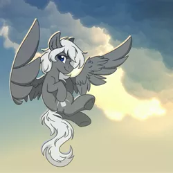 Size: 3000x3000 | Tagged: safe, artist:zahsart, derpibooru import, oc, oc:silver bullet, unofficial characters only, pegasus, pony, cloud, flying, image, jpeg, looking at you, smiling, solo, spread wings, underhoof, wings