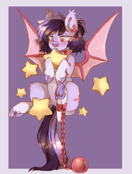 Size: 1586x2100 | Tagged: safe, artist:cheekipone, derpibooru import, oc, oc:bloodmoon lullaby, unofficial characters only, bat pony, ball and chain, ear piercing, earring, flying, image, jewelry, jpeg, piercing, smiling, solo, stars, underhoof