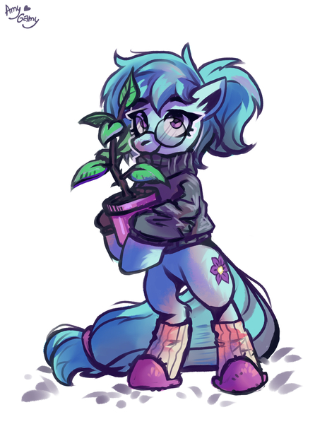 Size: 2316x3000 | Tagged: safe, artist:amy-gamy, derpibooru import, oc, oc:whispy slippers, unofficial characters only, earth pony, pony, bipedal, clothes, female, glasses, image, jpeg, looking at you, mare, potted plant, simple background, slippers, socks, solo, sweater, tree, white background