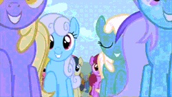 Size: 854x480 | Tagged: safe, derpibooru import, screencap, berry punch, berryshine, bon bon, carrot top, cherry berry, golden harvest, lemon hearts, linky, orange blossom, parasol, prim posy, shoeshine, sweetie drops, pony, a friend in deed, season 2, animated, background pony, female, gif, greenie sky, holy fuck i love mares, image, mare, smile song, snowpity, so much pony