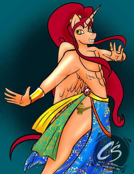 Size: 1024x1326 | Tagged: safe, artist:adhiguna, artist:johnathon-matthews, derpibooru import, oc, oc:khunis jirall, alicorn, anthro, genie, genie pony, human, belly dancer, belly dancer outfit, birthday gift, deviantart watermark, humanized, image, jpeg, obtrusive watermark, watermark