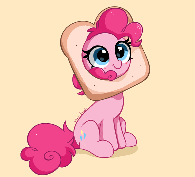 Size: 4854x4403 | Tagged: safe, artist:kittyrosie, derpibooru import, pinkie pie, earth pony, pony, behaving like a cat, blushing, bread, cat breading, cute, diapinkes, female, food, image, mare, png, sitting, smiling, solo, weapons-grade cute, wide eyes