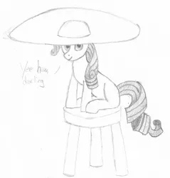 Size: 1454x1523 | Tagged: safe, artist:sapphie, derpibooru import, rarity, pony, unicorn, comically large hat, dialogue, female, hat, image, jpeg, looking at you, monochrome, sitting, solo, stool, traditional art