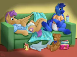 Size: 2854x2100 | Tagged: suggestive, artist:wittleskaj, derpibooru import, oc, oc:bulwark, oc:skaj, pegasus, pony, abdl, adult foal, baby bottle, blanket, bluey, clothes, couch, cup, diaper, diaper fetish, fetish, frog (hoof), grinded pony hooves, image, male, pegasus oc, plushie, png, relaxed, shark plushie, shirt, sippy cup, stallion, t-shirt, teddy bear, underhoof, watching tv, wings