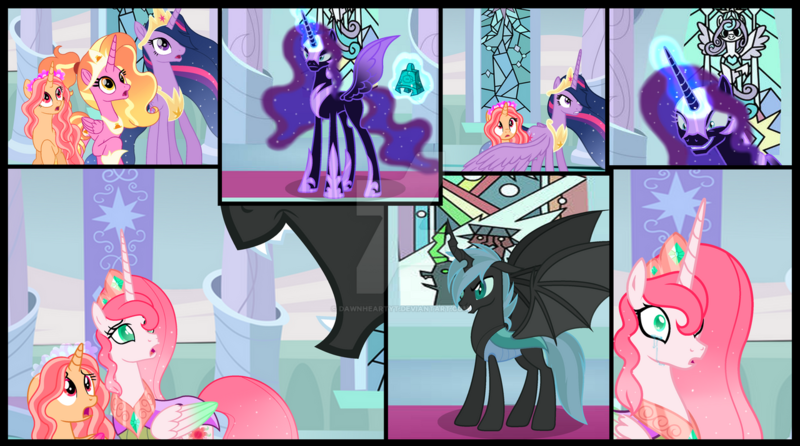 Size: 1280x713 | Tagged: safe, artist:dawnheartyt, derpibooru import, luster dawn, princess twilight 2.0, twilight sparkle, twilight sparkle (alicorn), oc, alicorn, bat pony, bat pony alicorn, pony, the last problem, alicorn oc, alicornified, base used, bat wings, bell, comic, ethereal mane, female, glow, glowing horn, grogar's bell, helmet, hoof shoes, horn, image, indoors, jewelry, magic, mare, nightmarified, older, older twilight, peytral, png, race swap, starry mane, telekinesis, tiara, wide eyes, wings