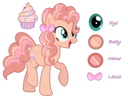 Size: 1542x1188 | Tagged: safe, artist:dawnheartyt, derpibooru import, oc, earth pony, pony, base used, bow, cupcake, eyelashes, female, food, hair bow, image, mare, offspring, parent:cheese sandwich, parent:pinkie pie, parents:cheesepie, png, raised hoof, reference sheet, simple background, transparent background