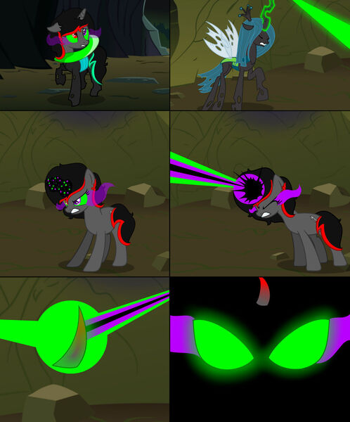 Size: 1280x1541 | Tagged: safe, artist:cobaltstaryt, derpibooru import, king sombra, queen chrysalis, oc, changeling, changeling queen, pony, base used, blast, colored horn, curved horn, female, glow, glowing horn, horn, image, jpeg, magic, magic beam, magic blast, parent:queen chrysalis, sombra eyes, sombra horn, telekinesis