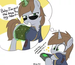 Size: 2461x2133 | Tagged: safe, artist:icey, derpibooru import, oc, oc:littlepip, unofficial characters only, pony, unicorn, fallout equestria, dialogue, image, lockpick, pickup lines, pipbuck, png, thought bubble