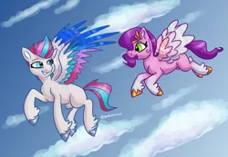 Size: 1280x884 | Tagged: safe, artist:sallindaemon, derpibooru import, pipp petals, zipp storm, pony, colored wings, g5, image, multicolored wings, png, wings