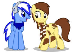 Size: 4000x2850 | Tagged: safe, artist:strategypony, derpibooru import, oc, oc:sandy sweet, oc:sirius, unofficial characters only, earth pony, pegasus, pony, clothes, duo, duo female, earmuffs, female, image, looking at each other, mottled coat, png, scarf, simple background, striped scarf, tail, transparent background, two toned mane, two toned tail