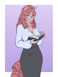 Size: 2400x3200 | Tagged: safe, artist:hasana-chan, derpibooru import, oc, oc:candlewick, unofficial characters only, anthro, unguligrade anthro, unicorn, anthro oc, blouse, book, breasts, cleavage, clothes, commission, digital art, female, freckles, gift art, glasses, horn, image, librarian, png, shirt, smiling, unicorn oc
