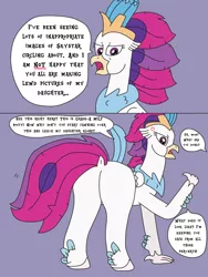 Size: 2448x3264 | Tagged: suggestive, artist:supahdonarudo, derpibooru import, queen novo, classical hippogriff, hippogriff, my little pony: the movie, angry, butt, colored background, derpibooru exclusive, dialogue, female, image, implied princess skystar, milf, overprotective, png, queen novass, queen novo is not amused, simple background, speech bubble, text