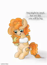 Size: 1383x1888 | Tagged: safe, artist:ledwine glass, derpibooru import, edit, applejack, pear butter, pony, baby, baby pony, belly, belly button, blanket, blushing, carrying, cutie mark, hair, image, messy mane, png, standing, standing on two hooves, standing up, text