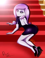 Size: 2025x2655 | Tagged: suggestive, artist:danielitamlp, derpibooru import, fleur-de-lis, equestria girls, all fours, ass, backless dress, butt, clothes, commission, commissioner:branagain, dress, eyeshadow, fleur-de-rriere, from behind, high heels, high res, image, jpeg, lens flare, looking at you, looking back, looking back at you, looking over shoulder, makeup, minidress, miss fleur is trying to seduce us, shoes, smiling, smiling at you, stairs, stupid sexy fleur-de-lis