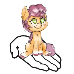 Size: 641x641 | Tagged: safe, artist:lightisanasshole, derpibooru import, sunny starscout, earth pony, pony, adorable face, chest fluff, chibi, colored hooves, cute, ear fluff, female, g5, hoof fluff, image, looking up, neck fluff, png, simple background, sitting, sitting on person, solo, solo female, sunnybetes, tiny, tiny ponies, traditional art, watercolor painting