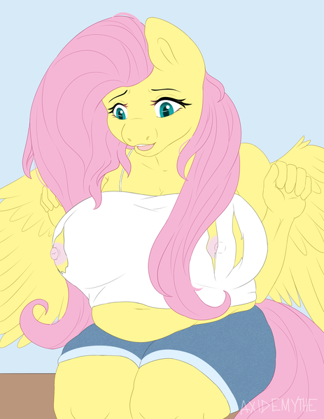 Size: 2700x3500 | Tagged: questionable, artist:axidemythe, derpibooru import, fluttershy, anthro, big breasts, breast expansion, breasts, clothes, commission, growth, image, nipples, nudity, png, ripped, ripped shirt, shirt, ych result