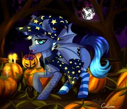 Size: 3226x2760 | Tagged: safe, artist:cali luminos, derpibooru import, oc, oc:dusk cello, unofficial characters only, bat, bat pony, candle, cape, clothes, costume, cute, fangs, fence, feral, halloween, hat, holiday, image, jack-o-lantern, jpeg, male, moon, mouth hold, night, pumpkin, pumpkin bucket, socks, solo, striped socks, tree, witch hat