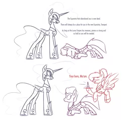 Size: 2441x2325 | Tagged: safe, artist:moonatik, derpibooru import, nightmare moon, tempest shadow, oc, oc:moonatik, alicorn, pegasus, pony, unicorn, 2 panel comic, alternate timeline, comic, dialogue, female, flying, hair bun, horn, image, kneeling, male, mare, new lunar millennium, nightmare takeover timeline, png, prosthetic horn, prosthetics, sketch, stallion, tempest gets her horn back