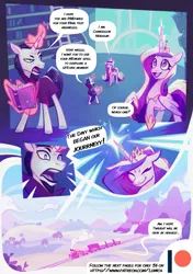 Size: 3541x5016 | Tagged: safe, artist:adreamera, artist:lummh, derpibooru import, chancellor neighsay, princess cadance, alicorn, pony, unicorn, comic:the princess of love, advertisement, book, canterlot, canterlot castle, equestria, image, library, magic, mountain, png, scenery, train, window