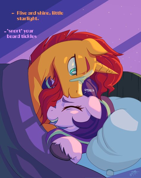 Size: 1617x2048 | Tagged: safe, artist:dorpapu, derpibooru import, starlight glimmer, sunburst, pony, unicorn, bed, bedsheets, couple, female, image, jpeg, kissing, male, mare, shipping, stallion, starburst, straight, sunlight, waking up