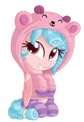 Size: 1717x2478 | Tagged: safe, artist:vito, cozy glow, pony, sheep, clothes, cute, female, filly, hoodie, image, lamb, png, simple background, sitting, smiling, socks, stockings, thigh highs