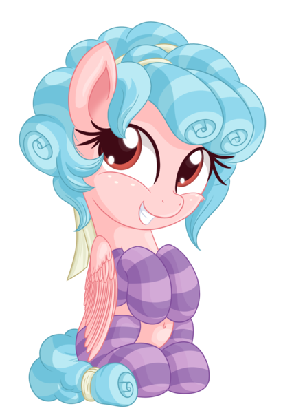 Size: 1611x2344 | Tagged: safe, artist:vito, cozy glow, pony, clothes, cute, female, filly, image, png, simple background, sitting, smiling, socks, stockings, thigh highs