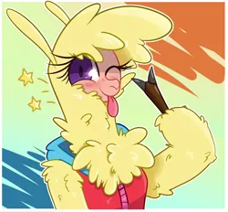 Size: 2270x2105 | Tagged: safe, artist:hitsuji, derpibooru import, alpaca, anthro, them's fightin' herds, clothes, community related, image, jacket, lookingat you, paprika (tfh), png, solo, stars, style emulation, tongue out