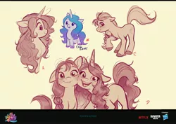 Size: 4096x2896 | Tagged: safe, artist:imalou, derpibooru import, izzy moonbow, sunny starscout, earth pony, pony, unicorn, my little pony: a new generation, behind the scenes, cheek to cheek, concept art, duo, female, g5, hasbro logo, image, jpeg, mare, multeity, my little pony: a new generation logo, simple background