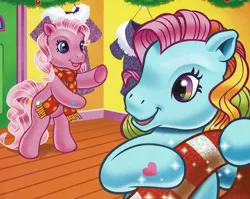 Size: 1822x1447 | Tagged: safe, artist:carlo loraso, derpibooru import, official, pinkie pie (g3), rainbow dash (g3), earth pony, pony, christmas, clothes, cropped, duo, g3, holiday, holiday talent show, image, png, scan, scarf, winter