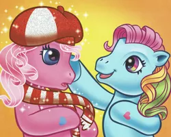 Size: 2014x1615 | Tagged: safe, artist:carlo loraso, derpibooru import, official, pinkie pie (g3), rainbow dash (g3), pony, bipedal, clothes, cropped, duo, g3, hat, holiday talent show, image, png, scan, scarf