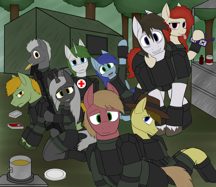 Size: 2909x2512 | Tagged: safe, artist:rorrek, derpibooru import, big macintosh, twist, oc, oc:applesnack, oc:doof, oc:echo, oc:jetstream, oc:psalm, oc:stonewing, oc:vanity, earth pony, pegasus, pony, unicorn, fallout equestria, fallout equestria: project horizons, armor, cowboy hat, eating, fanfic art, glasses, glasses off, gun, hat, image, macintosh's marauders, older, png, red cross, rifle, weapon