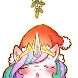 Size: 1159x1159 | Tagged: safe, artist:cold-blooded-twilight, derpibooru import, princess celestia, blushing, christmas, crown, ear blush, eyes closed, hat, holiday, image, jewelry, kissy face, mistletoe, png, puckered lips, regalia, santa hat, simple background, transparent background
