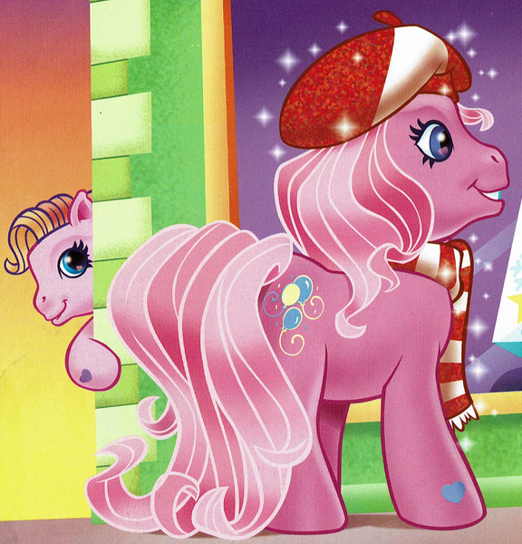 Size: 1390x1447 | Tagged: safe, artist:carlo loraso, derpibooru import, official, pinkie pie (g3), toola roola, pony, clothes, cropped, duo, g3, hat, holiday talent show, image, peeking, png, scan, scarf, window