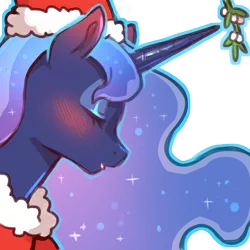 Size: 1159x1159 | Tagged: safe, artist:cold-blooded-twilight, derpibooru import, princess luna, alicorn, blushing, christmas, clothes, costume, ear blush, eyes closed, eyeshadow, hat, holiday, image, kissy face, makeup, mistletoe, png, puckered lips, santa costume, santa hat