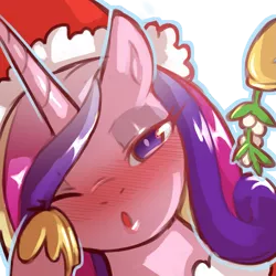 Size: 1159x1159 | Tagged: safe, artist:cold-blooded-twilight, derpibooru import, princess cadance, blushing, christmas, eyeshadow, hat, holiday, hoof on cheek, hoof shoes, image, kissy face, looking at you, makeup, mistletoe, one eye closed, png, puckered lips, santa hat, wink