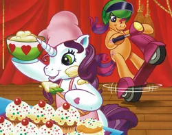 Size: 1843x1450 | Tagged: safe, artist:carlo loraso, derpibooru import, official, scootaloo (g3), sweetie belle (g3), earth pony, pony, unicorn, apron, batter, cake batter, chefs hat, clothes, cropped, cupcake, curtains, duo, food, g3, helmet, holiday talent show, image, motorcycle, png, scan