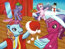 Size: 1996x1519 | Tagged: safe, artist:carlo loraso, derpibooru import, official, cheerilee (g3), rainbow dash (g3), starsong, toola roola, earth pony, pegasus, pony, bipedal, christmas, clothes, cropped, curtains, g3, group, hat, holiday, holiday talent show, image, mirror, painting, png, santa hat, scan, snowman