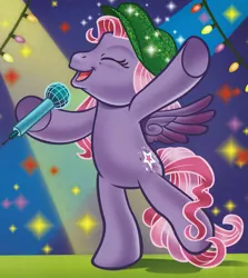 Size: 1645x1843 | Tagged: safe, artist:carlo loraso, derpibooru import, official, starsong, pegasus, pony, bipedal, christmas, clothes, cropped, g3, hat, holiday, holiday talent show, image, lights, microphone, png, scan, singing, solo