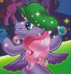 Size: 1438x1495 | Tagged: safe, artist:carlo loraso, derpibooru import, official, starsong, earth pony, pegasus, pony, audience, clothes, cropped, from behind, g3, group, hat, holiday talent show, image, microphone, png, scan